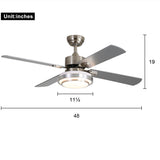 Indoor Ceiling Fan Light Fixtures Remote LED 52 Ceiling Fans For Bedroom,Living Room,Dining Room Including Motor,4-Blades,Remote Switch (Silver)